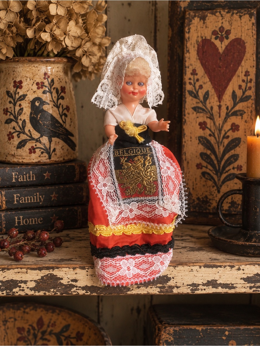 Belgique Vintage Doll in Red Lace Traditional Dress